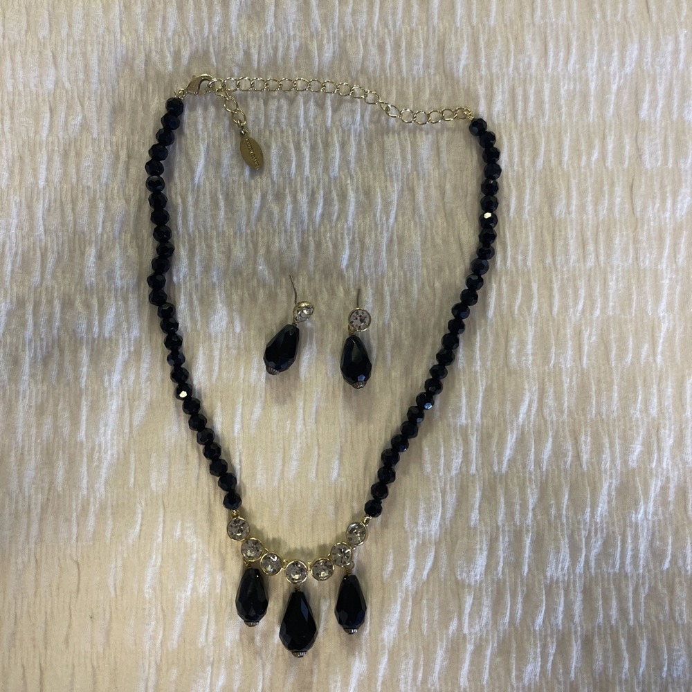 Black Beaded Necklace With Beaded Earrings